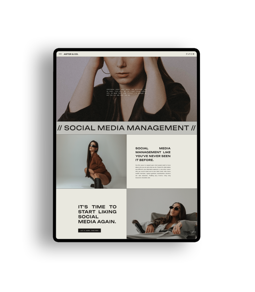 The Template Shoppe's "Aster" Showit website template for coaches, social media managers, and other service providers.